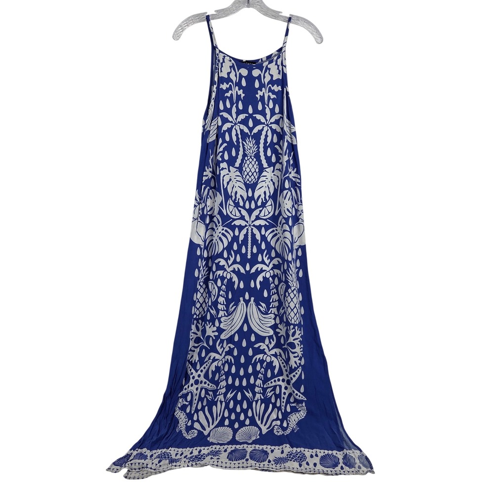 1.STATE Maxi Dress XS Blue White Tropical Beach Coastal Vacation Resort Wear